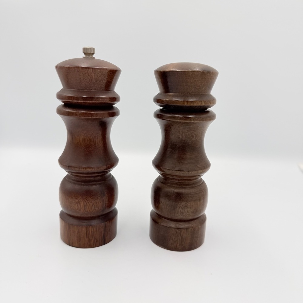 Vintage Mid Century Modern Dark Wood Salt Shaker and Pepper Mill Set 7 Inch